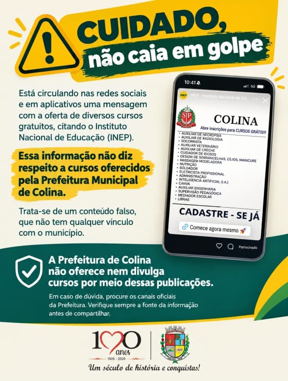 Alerta para falsas ofertas de cursos gratuitos em nome de prefeitura